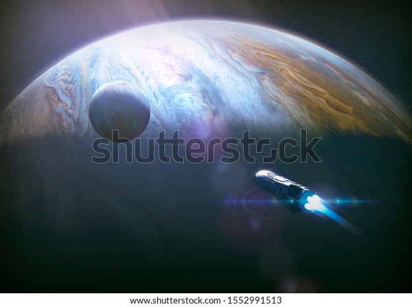 Awesome Jupiter surface planet and a\
rocket traveling to a colony on Europa moon - concept art - 3D\
rendering -  Elements of this image furnished by NASA\

