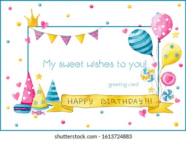 Awesome Mockup For A Happy Birthday Or Anniversary Greeting Card 
Decorated With Multi-colored Confetti, Gift Boxes, Balloons, Macaroons, Stars, Hearts, Candies And Flags On A White Background.