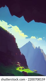 Awesome mountain view from inside a cave illustration wallpaper