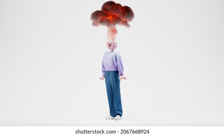 Awesome Travor's brain explodes. The concept of anger, rage. Highly detailed fashionable stylish abstract character isolated on white background. Left view. 3d rendering. 