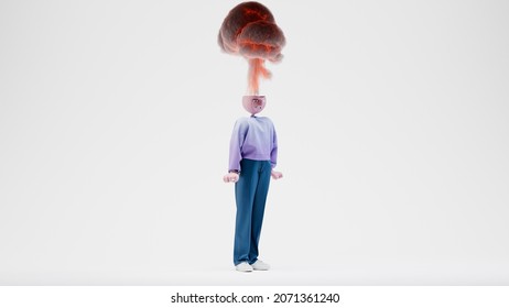 Awesome Travor's brain explodes. The concept of anger, rage. Highly detailed fashionable stylish abstract character isolated on white background. Right view. 3d rendering.