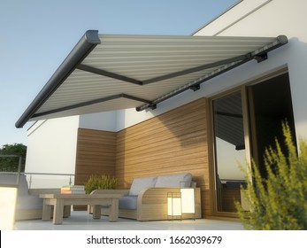Awning and house terrace, 3D illustration