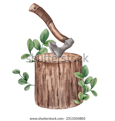 Ax in the stump. Watercolor hand drawn illustration of an old ax in a tree stump. For designing a design composition on the theme of tourism and hiking