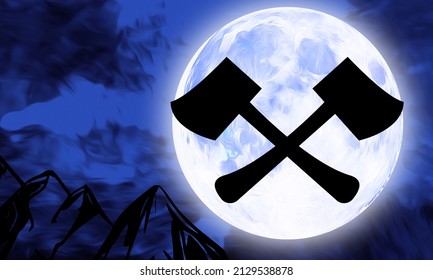 Axe Hatchet Arborist Lumberjack Silhouette Under Full Moon At Night, 3d Illustration