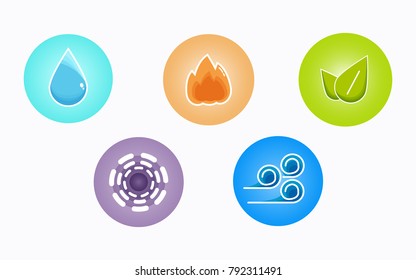 Ayurvedic elements water, fire, air, earth and ether icons isolated on white background. Colorful icons of five elements