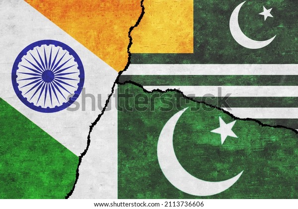 Azad Kashmir,\
Pakistan and India painted flags on a wall with a crack. India,\
Azad Kashmir and Pakistan\
relations