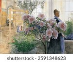 Azalea (1906) painting in high resolution by Carl Larsson. Vintage artwork by famous artist Carl Larson. Scandinavian vintage art. Carl Larson painting.