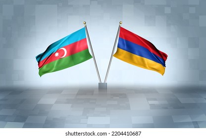 Azerbaijan Flag With Armenia Flag, 3D Rendering With A Gray And White Block's Background 