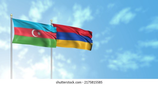 Azerbaijan Flag With Armenia Flag In A Wide Scene, 3D Rendering With A Cloudy Background