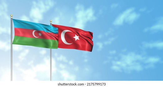 Azerbaijan Flag With Turkey Flag In A Wide Scene, 3D Rendering With A Cloudy Background