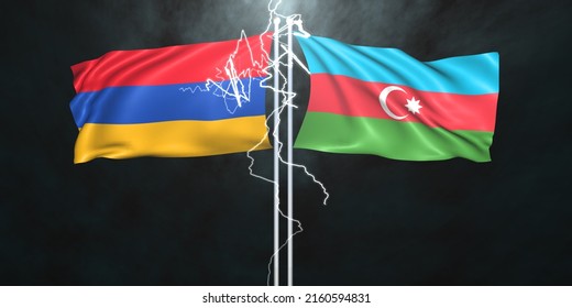 Azerbaijan.-Armenia Bad Relations, Azerbaijan Flag And Armenia Flag With Hot Background, 3d Illustration