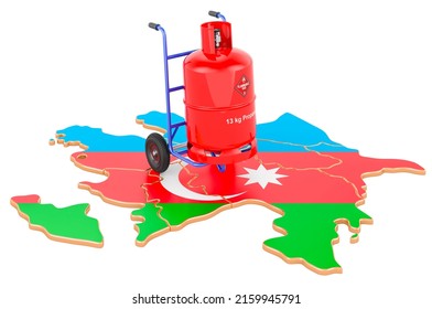 Azerbaijani Map With Propane Gas Cylinder On Hand Truck. Gas Delivery Service In Azerbaijan, Concept. 3D Rendering Isolated On White Background