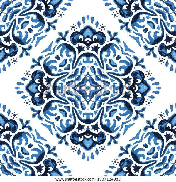 Azulejo Portuguese tile. Gorgeous seamless blue\
floral watercolor pattern oriental tiles fabric design. Turkish\
mediterranean\
ornament