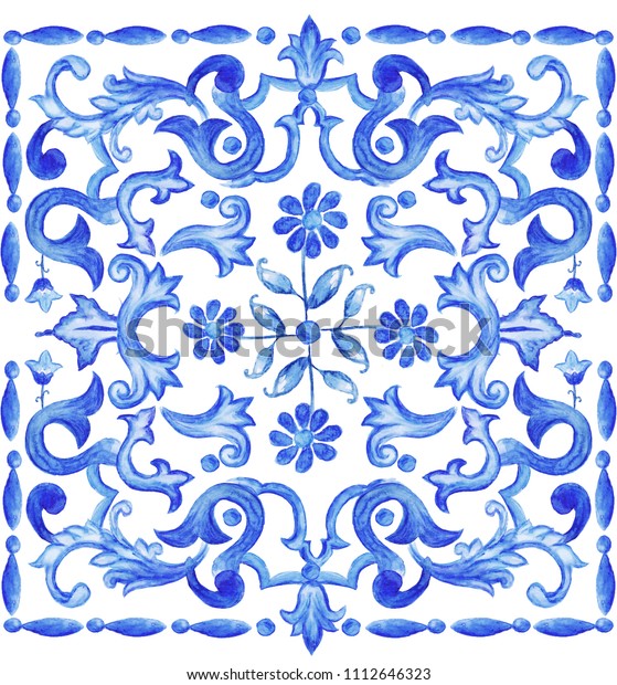 アズレホス ポルトガルのタイルの青い水彩柄 伝統的な部族の装飾品 のイラスト素材