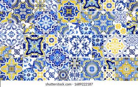Azulejos tile wallpaper. Traditional Portuguese Mosaic, horizontal tile desoration. Watercolor artwork, blue and yellow tiles. Antique ceramics tileable, heritage. Old painted panel, floral pattern
