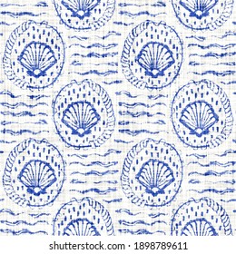 Azure Blue White Scallop Shell Linen Texture. Seamless Textile Effect Background. Weathered Doodle Dye Pattern. Coastal Cottage Beach Home Decor. Modern Sea Life Marine Fashion Repeat Cotton Cloth.

