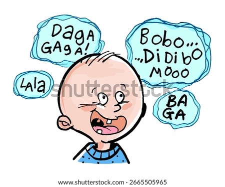 Babbling. Language development of a child. A child expressing his first words in a cartoon style.