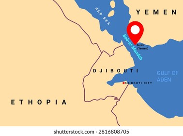 Bab-el-Mandeb Strait Maritime Crisis Map, Yemen Houthi Blockade Threat and Shipping Disruption at Strategic Red Sea Chokepoint Connecting the Gulf of Aden