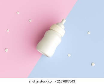 Baby accessories concept. Top view milk bottle and gold stars on isolated pastel pink and blue background. 3d illustration - Powered by Shutterstock