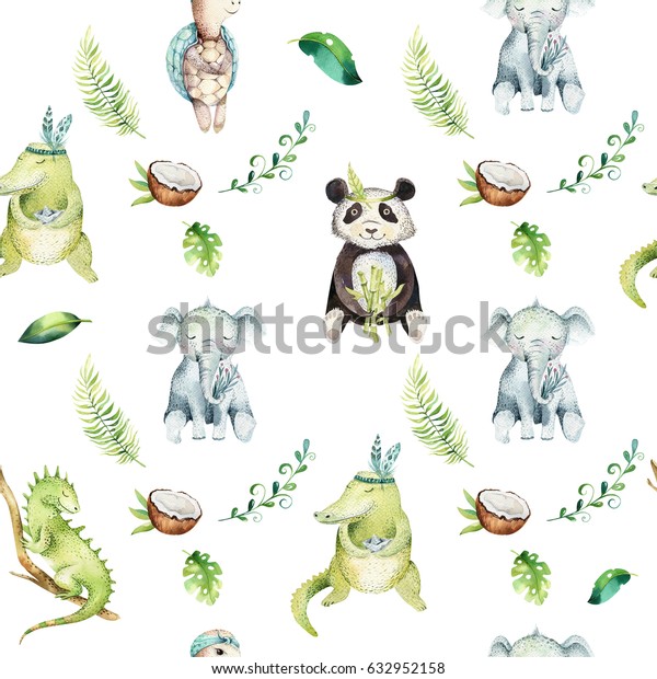 シームレスな模様の子供育児 水彩ボホ熱帯絵 子ども熱帯絵 パンダ かわいいワニ 熱帯象 緑のイグアナ 亀のイラスト のイラスト素材