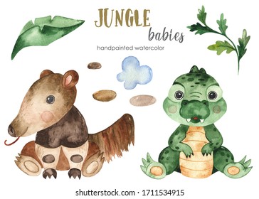 Baby Anteater And Caiman. Watercolor Hand-drawn Jungle