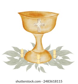 Baby baptism. Hand drawn watercolor religious theme of catholic elements. Bowl for bathing a child during the christening ceremony. A plate for inscribing a name, a twig and a bird. Ideal for cards - Powered by Shutterstock