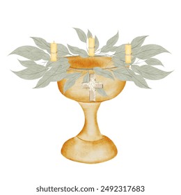 Baby baptism illustration. Hand drawn watercolor religious theme of catholic elements. Bowl for bathing a child during the christening ceremony. A plate for inscribing a name, a twig and a bird. Ideal - Powered by Shutterstock