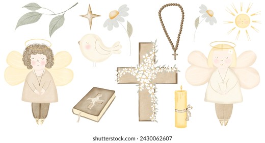 Baby baptism watercolor big set. Illustrations on isolated white background. Angels boy and girl, bible book, cross and candle. Botany elements branch, chamomile flower and bird. Candle with fire and - Powered by Shutterstock