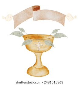 Baby baptism. Watercolor hand drawn religious theme of catholic elements. Bowl for bathing a child during the christening ceremony. A plate for inscribing a name, a twig and a bird. Ideal for cards - Powered by Shutterstock