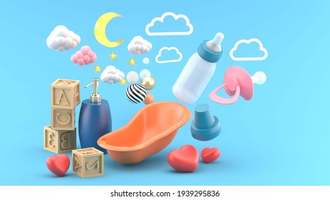 Baby bath tub Surrounded by baby bottles, wooden toys, hearts, shampoo bottles, clouds and moon on a blue background.-3d rendering.
 - Powered by Shutterstock