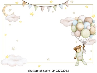 Baby bear. Gender neutral. Birthday, baby shower, children's party. Children's watercolor illustration in pastel colors. Horizontal postcard, poster, banner, invitation, greeting card. The background. - Powered by Shutterstock