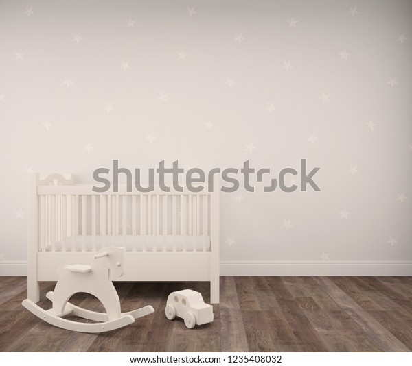Baby bedroom with white crib, toy car and\
rocking horse on parquet floor, stars wallpaper. 3d architecture\
visualization