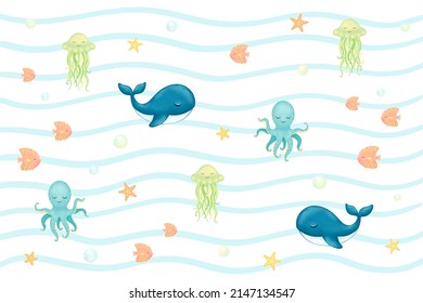 Baby Blanket Design ,whale, Octopus, Jellyfish, Fish, Stars. WWhite Background.