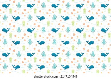 Baby Blanket Design ,whale, Octopus, Jellyfish, Fish, Stars. WWhite Background.