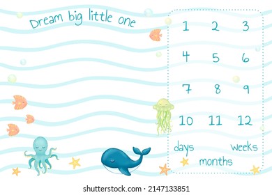 Baby Blanket Milestone Design ,whale, Octopus, Jellyfish, Fish, Stars