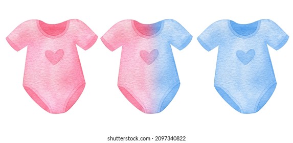 Baby Blue Bodysuit With A Heart Isolated On A White Background. Cute Infant Clipart, Newborn Baby Clothes, Gender Reveal