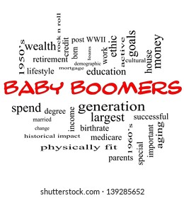 Baby Boomers Word Cloud Concept In Red Caps With Great Terms Such As Generation, Largest, Demographic And More.