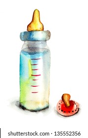Baby Bottle With Milk And Pacifier, Watercolor Illustration