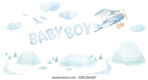 Baby Boy Airplane Watercolor Wall Art. Boy Nursery Wall Art. Baby Adventure Clipart. Summer Adventure Baby Illustrations. Nursery Wallpaper Clipart. White background - Powered by Shutterstock