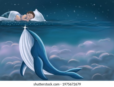 Baby Boy Sleeping Night Dark Blue Dream Ocean Whale Stingray Baby Room Poster 