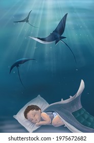 Baby Boy Sleeping Night Dark Blue Dream Ocean Whale Stingray Baby Room Poster 