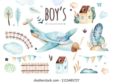 Baby boys world. Cartoon airplane and waggon locomotive watercolor illustration. Child birthday set of plane, air vehicle, transport elements. Baby shower card
