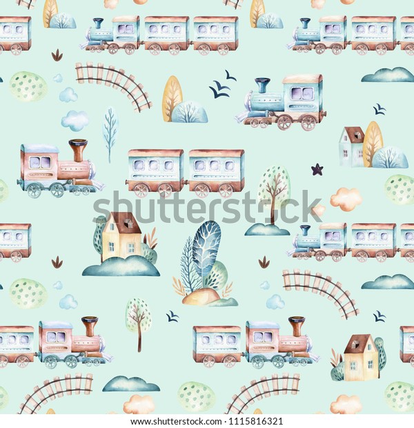Baby boys world.\
Cartoon airplane, plane and waggon locomotive watercolor\
illustration patterns. Child toys birthday backgraund transport\
elements seamless\
pattern