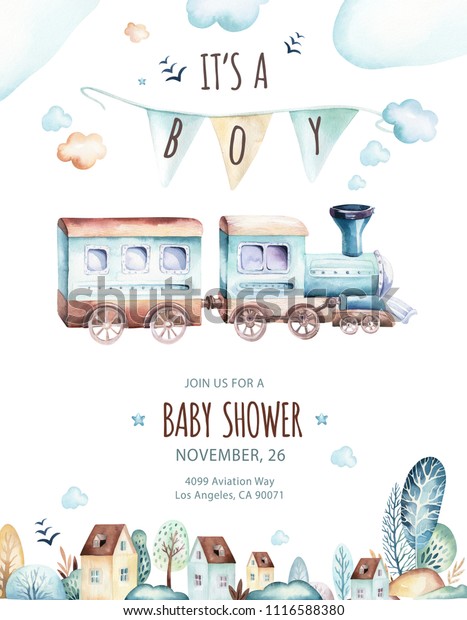 Baby boys world. Cartoon\
airplane and waggon locomotive watercolor illustration. Child\
birthday set of plane, air vehicle, transport elements. Baby shower\
card