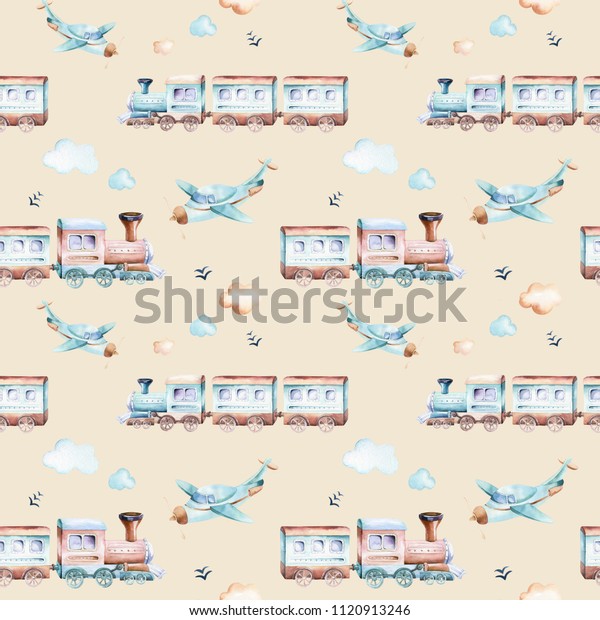 Baby boys world.\
Cartoon airplane, plane and waggon locomotive watercolor\
illustration patterns. Child toys birthday backgraund transport\
elements seamless\
pattern