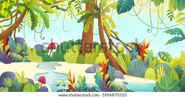 Baby bright colorful nature, jungle with exotic tropical plants, flowers and leaves. Drawn children's book illustration, card, postcard, wallpaper, photo wallpaper, mural. Design  for children room