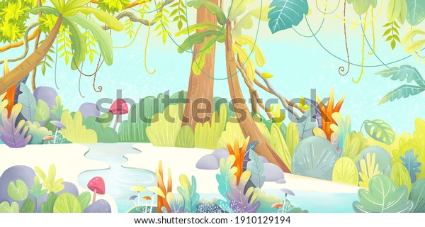 Baby bright colorful nature, jungle with exotic tropical plants, flowers and leaves. Drawn children's book illustration, card, postcard, cartoon wallpaper, photo wallpaper, mural. Design for children room