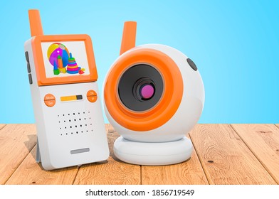 Baby Cam And Audio Baby Monitor On The Wooden Planks, 3D Rendering