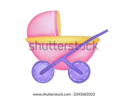 Baby carriage clipart. cute Watercolor hand drawn baby pram stroller illustration. Baby carriage pram stroller isolated on white background. Accessories for newborn nursery decoration, baby shower