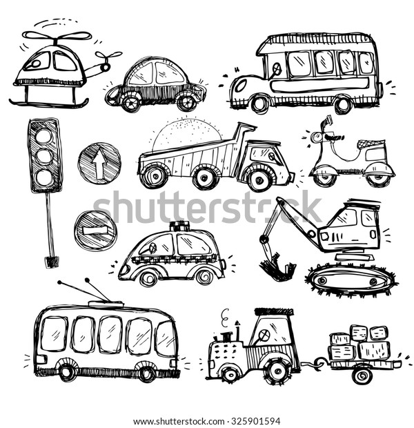 baby cars set. funny baby toys.\
vector doodle collection of hand drawn icons transport for baby\

